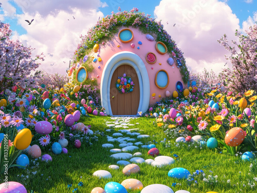 whimsical, colorful Easter themed house surrounded by blooming flowers, painted eggs, and vibrant garden under bright sky, evoking joy and festivity photo