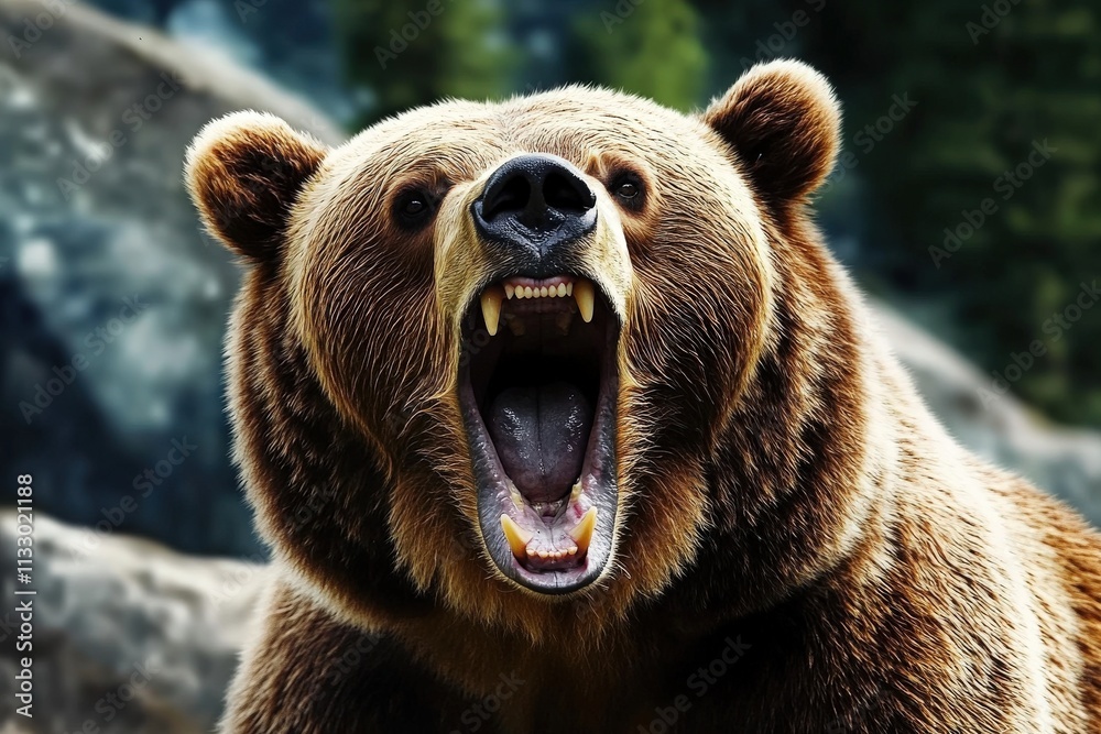 Obraz premium An extraordinary encounter with a roaring brown bear in the wild.