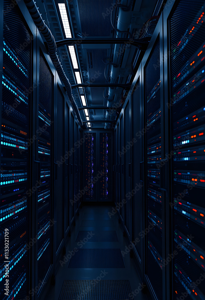 Fototapeta premium A long and narrow server room with a blue hue and multiple server racks, highlighting the technological infrastructure and data storage concept.