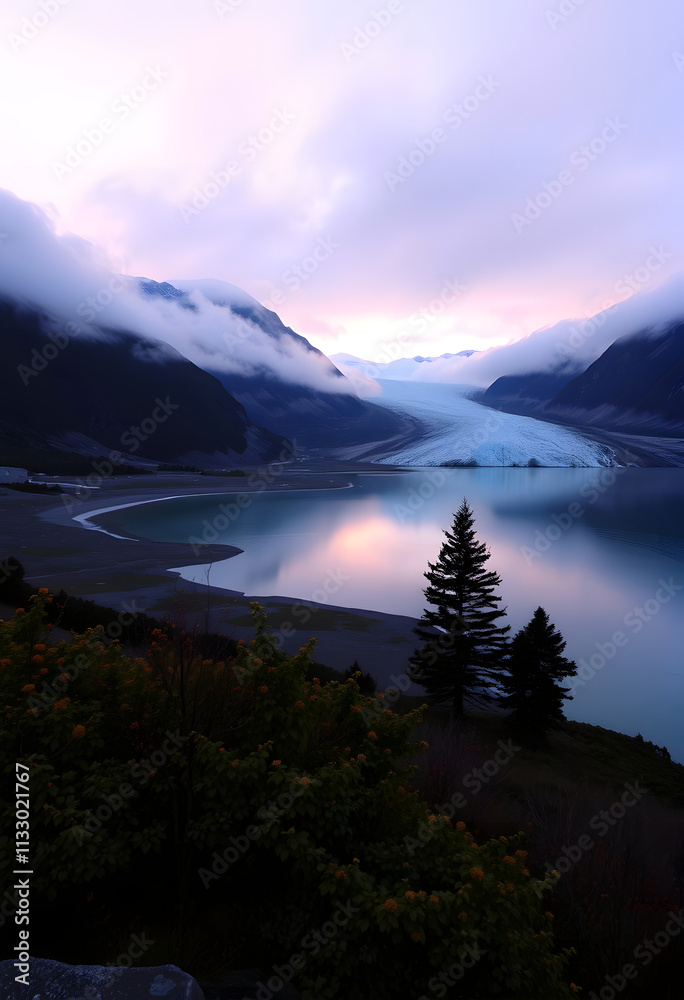 Fototapeta premium A scenic landscape of a glacier lake surrounded by mountains at twilight with soft, cloudy sky, creating a peaceful and tranquil scene.