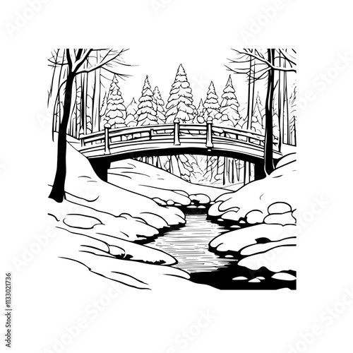 A black and white line drawing of a winter scene with a bridge spanning a small stream.