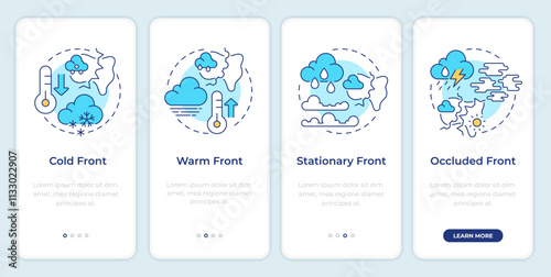 Weather fronts onboarding mobile app screen. Climate walkthrough 4 steps editable graphic instructions with linear concepts. UI, UX, GUI template. Montserrat SemiBold, Regular fonts used