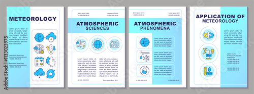 Meteorology blue brochure template. Atmospheric science researching. Weather patterns analysis. Leaflet design with linear icons. Editable 4 vector layouts. Arial-Black, Myriad Pro-Regular fonts used
