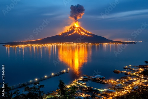 A dramatic representation of a volcanic eruption forcing early humans to migrate and adapt