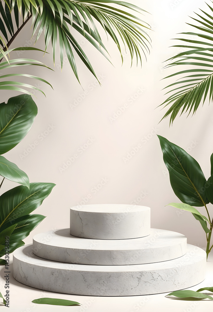 empty round stone podium Podium on tropical leaves background, beauty minimal display stage stand summer fashion abstract luxury plant. mockup showcase cosmetic product, doodle art, with white tones