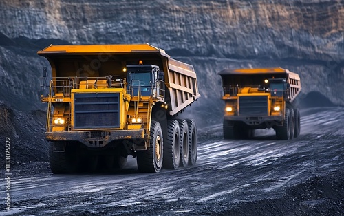 Two large yellow dump trucks hauling coal in a mine.