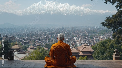 Monk meditating overlooking cityscape and snow-capped mountains dharamshala nature photography serene environment peaceful viewpoint
