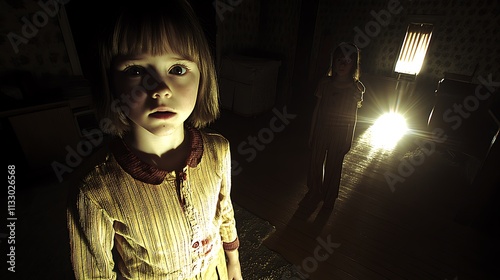 A young girl stands in a dark room, looking frightened as another child stands in the light at the end of the hallway.