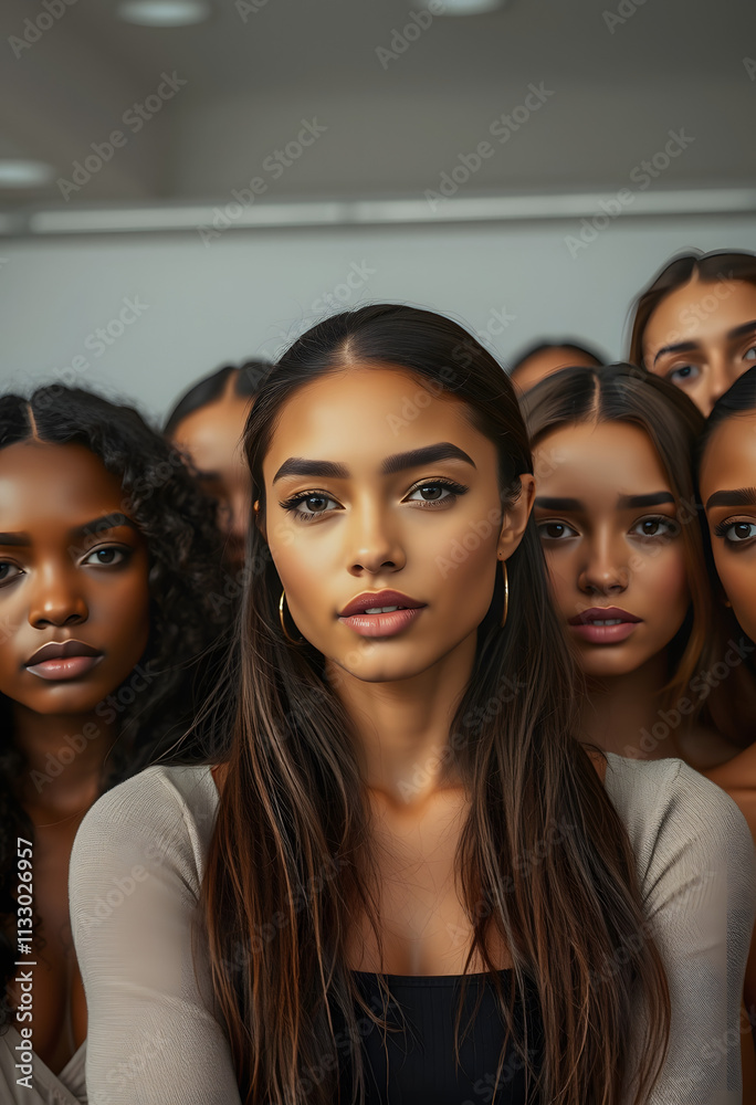 Obraz premium Portrait of many attractive female fashion models and looking at the camera. Diverse ethnic group of beautiful women with natural beauty and glowing smooth skin, hyperrealism, with white tones