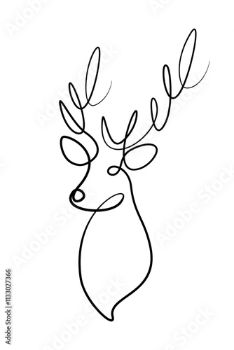 Deer head in continuous line art drawing style. Doodle deer portrait. Black linear design isolated on white background. Vector illustration