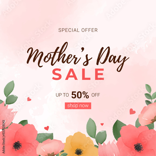 Mother's day sale with watercolor flowers. 