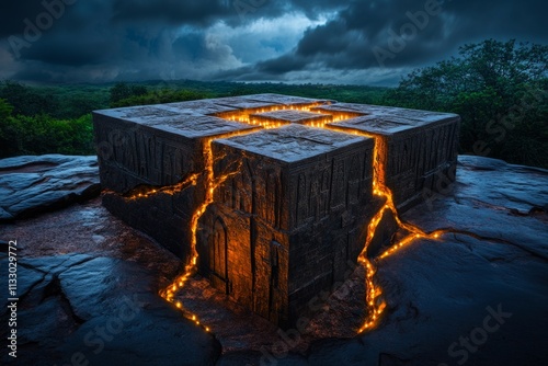 A gothic-inspired depiction of the Rock-Hewn Churches of Lalibela, illuminated by flickering candlelight under a dramatic, shadowy sky