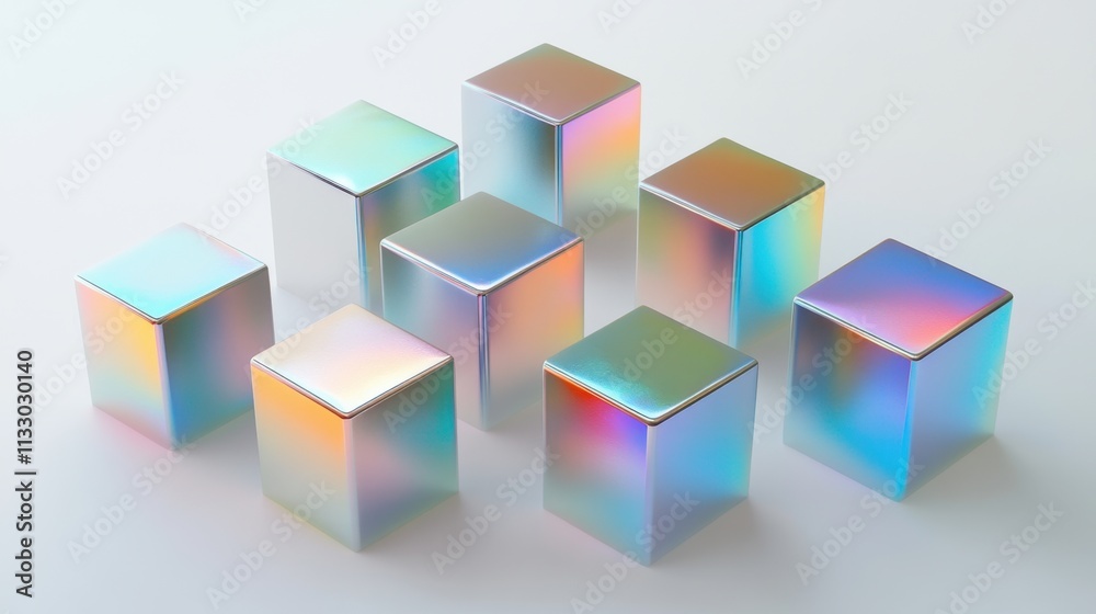 Fototapeta premium Holographic Cubes Abstract Minimalist Composition Iridescent Geometric Shapes 3D Render