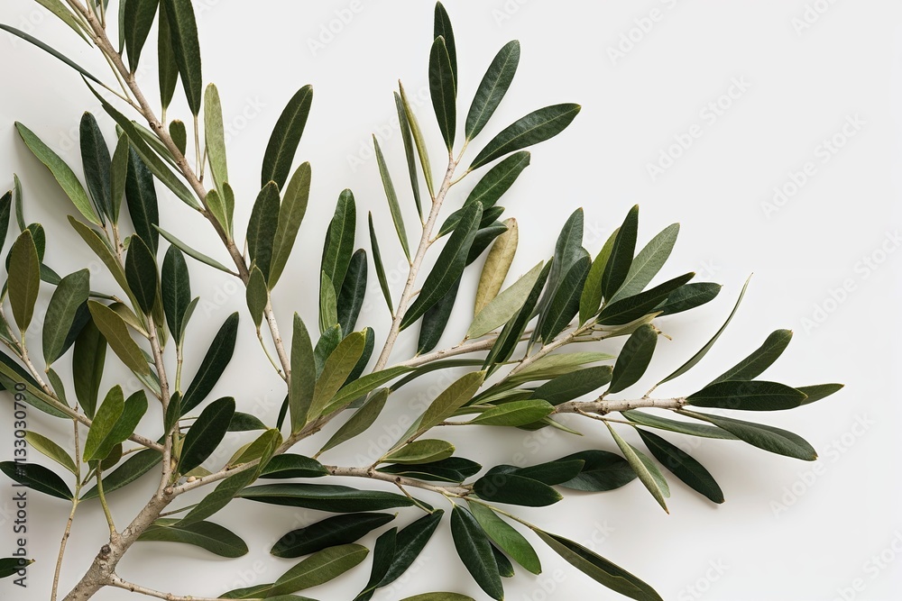 Obraz premium Vibrant Olive Branch with Lush Green Leaves Isolated on White Background