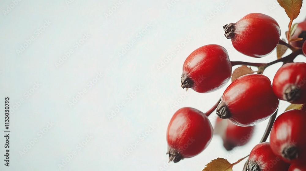 Fototapeta premium Vibrant Red Rose Hip Berries Isolated on Light Background