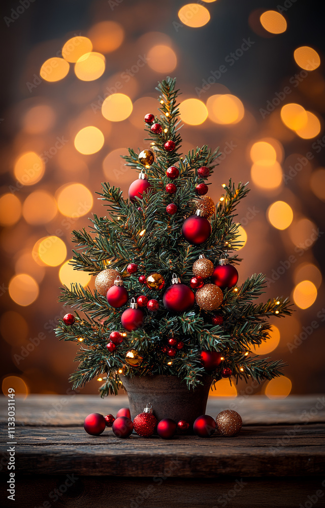 Decorative mini Christmas tree. A small Christmas tree with red and gold ornaments shines warmly, creating a cozy atmosphere. Decorative mini Christmas tree. A small Christmas tree with red and gold ornaments shines warmly, creating a cozy atmosphere.