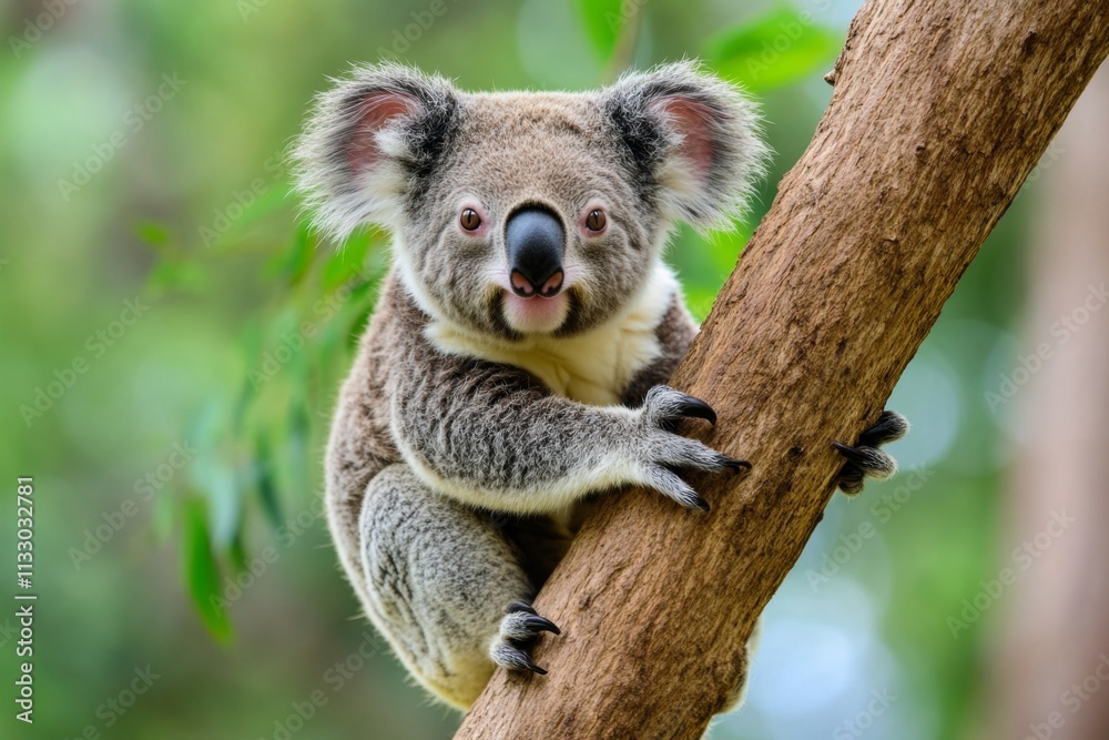 Fototapeta premium A koala sitting on a eucalyptus tree, leisurely chewing on fresh leaves in its natural habitat