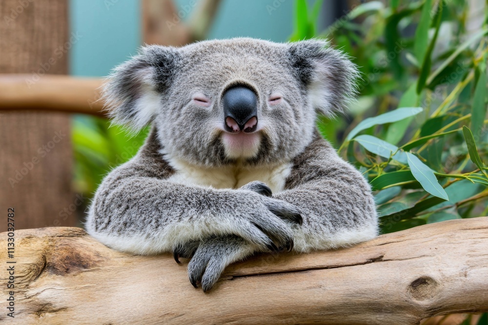 Fototapeta premium A koala perched high on a eucalyptus tree branch, surrounded by dense foliage