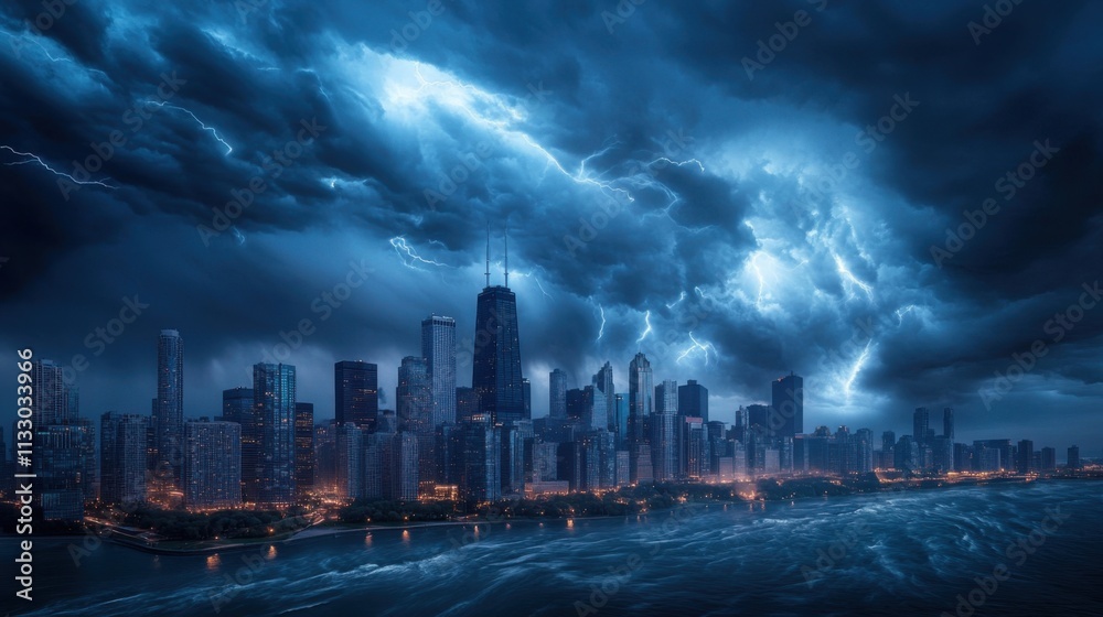 Fototapeta premium Dramatic Storm Clouds Over Urban Skyline with Lightning Strikes and Dark Sky at Night
