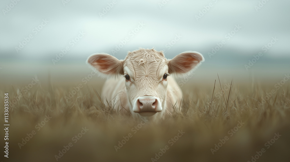 Obraz premium A cow is laying in a field of tall grass