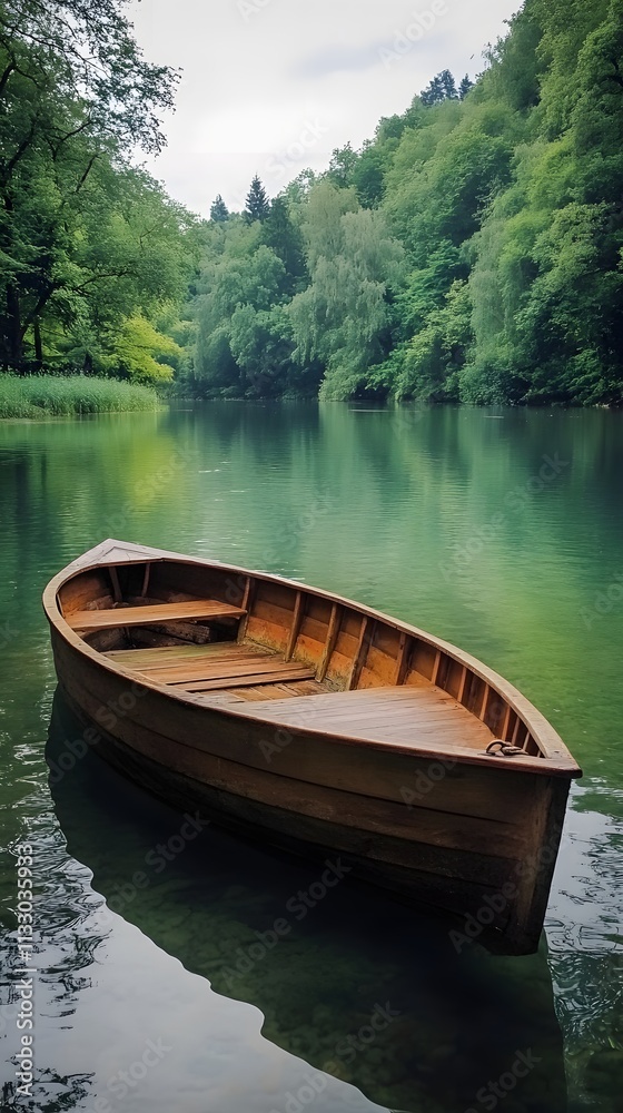 Obraz premium Retro wooden fishing boat gliding across a tranquil green river.