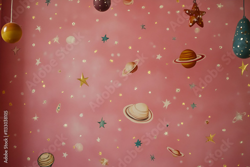 A whimsical pink wall featuring planets, stars, and hanging decorations for a playful atmosphere.