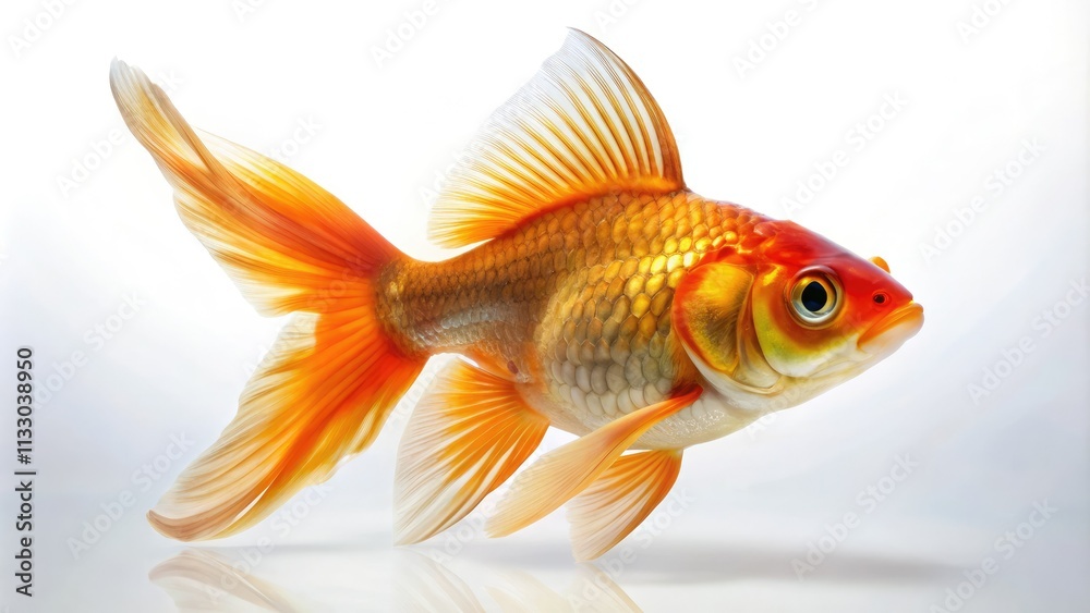 Fototapeta premium Free goldfish wallpaper: isolated image of a single goldfish on a white background, perfect for aquatic-themed projects.