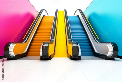 A playful 2D illustration of intersecting escalators in bold colors, representing the hustle and flow of urban life, on white photo