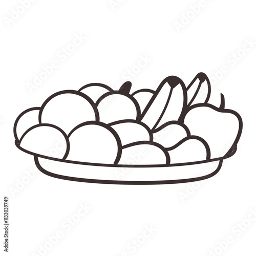 A simple line art illustration of a fruit platter. The platter is filled with various fruits, including apples, oranges, bananas, and pears.