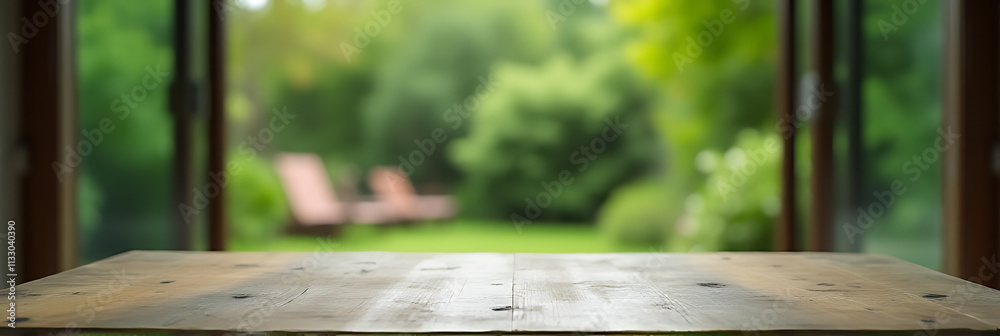 Naklejka premium A worn wooden table in a blurred green hue blends seamlessly into the adjacent garden from the living room._00001_