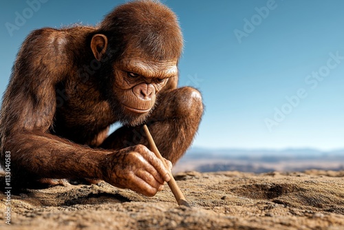 A scientific reconstruction of Homo habilis, shown engaging in simple tool use in a prehistoric savanna