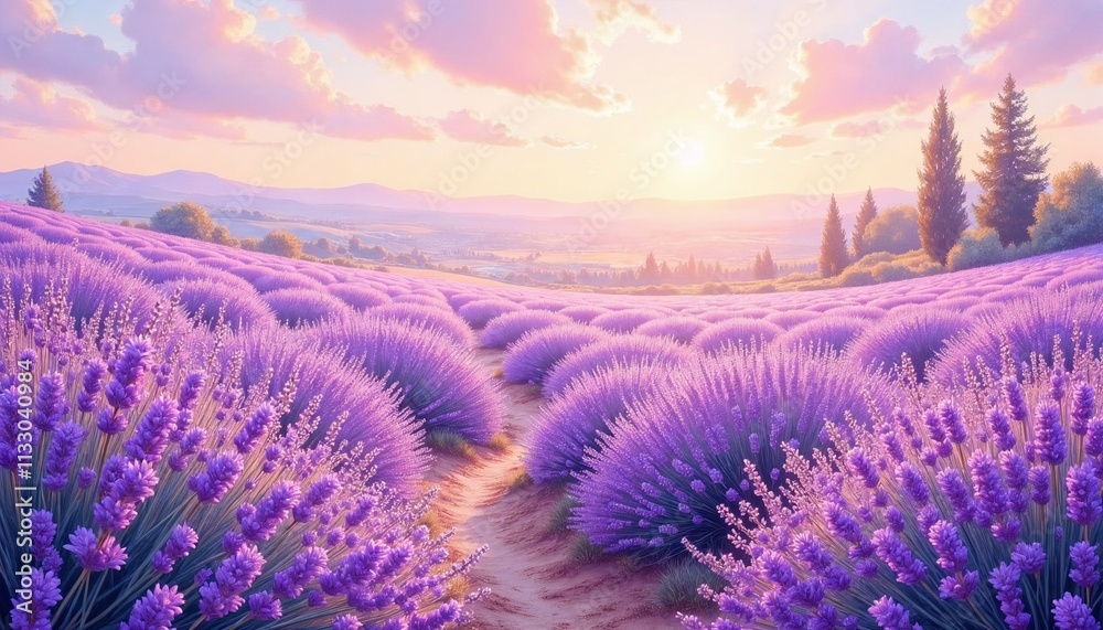 Obraz premium Blooming lavender fields, impressionist art with warm light