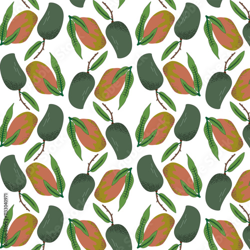 Two colors mango fruit seamless pattern. Tropical summer fruits with leaves. Vector illustration a white isolated background