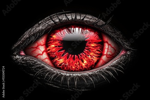 A single, glowing red eye with minimal detail, symbolizing malevolence, isolated on a stark black background