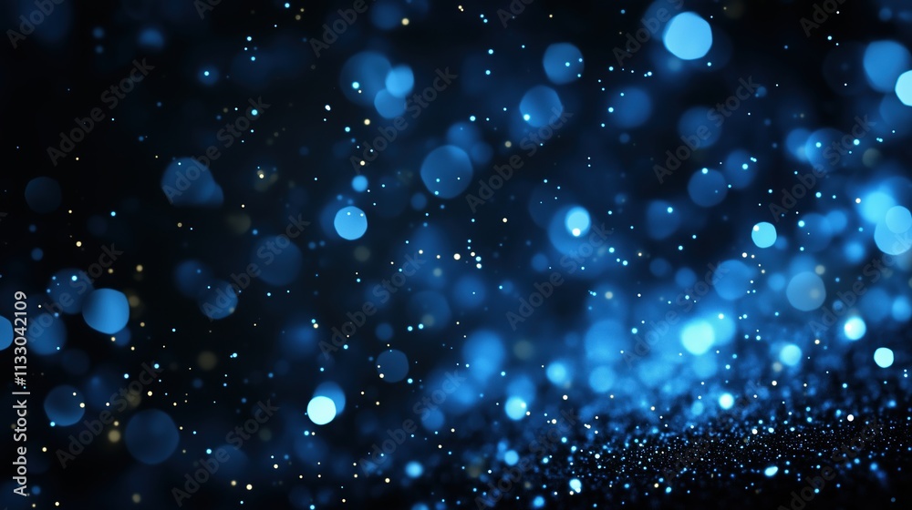 Obraz premium Blue bokeh particles with sparkles on dark background. Magic celebration concept