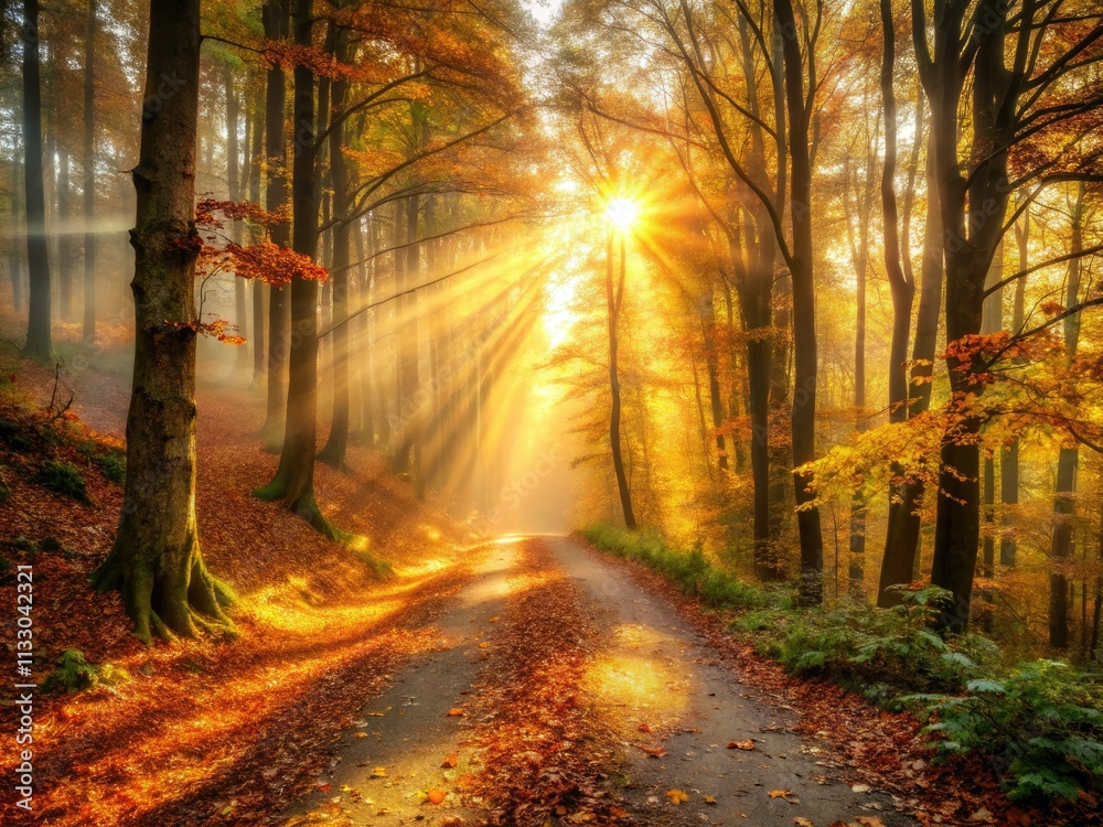 Obraz premium Golden hour sunbeams pierce autumn mist, illuminating a woodland path strewn with fall foliage.