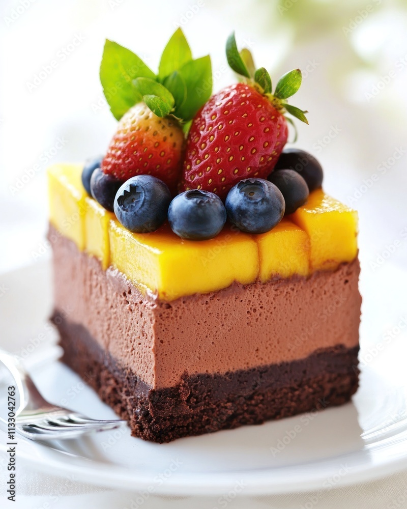A delicious layered chocolate dessert topped with fresh fruits. A delicious layered chocolate dessert topped with fresh fruits.