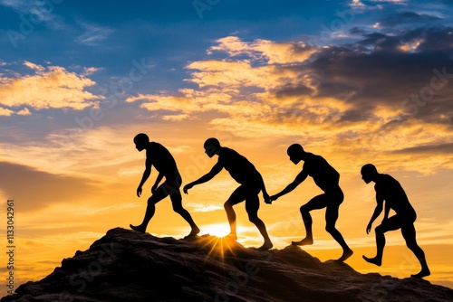 Wallpaper Mural A sunrise scene of early humans climbing a hill, symbolizing the journey of human evolution Torontodigital.ca