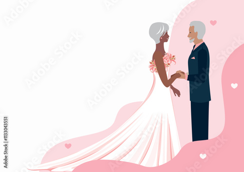 Happy elderly couple getting married. Flat vector illustration of man and woman in love in wedding outfits. Together forever. Vector illustration.