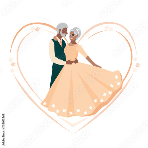Happy elderly couple getting married. Flat vector illustration of man and woman in love in wedding outfits. Together forever. Vector illustration.