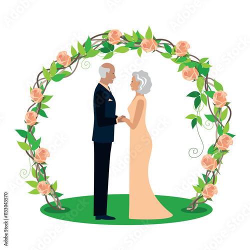 Happy elderly couple getting married. Flat vector illustration of man and woman in love in wedding outfits. Together forever. Vector illustration.