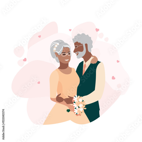 Happy elderly couple getting married. Flat vector illustration of man and woman in love in wedding outfits. Together forever. Vector illustration.