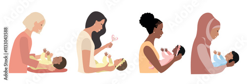 Happy mother playing with her newborn baby. Joy of motherhood. Mother's day. Set vector illustration in flat style.