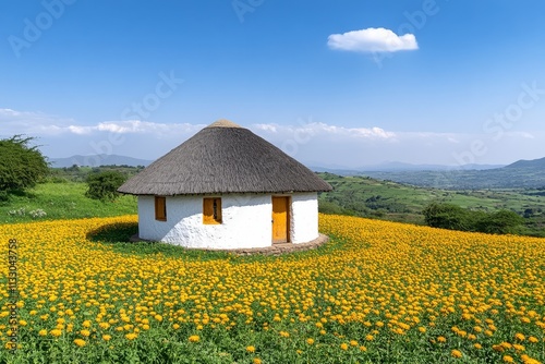 A traditional Ethiopian tukul (circular hut) surrounded by fields of yellow meskel flowers in full bloom photo