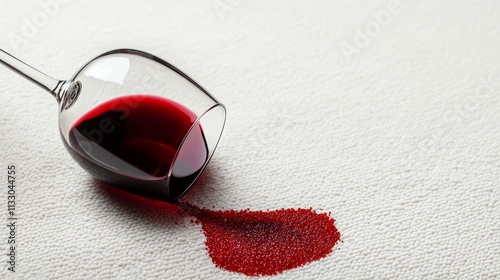 Wine glass has been knocked over, spilling its contents onto a white carpet. The red wine has left a noticeable stain on the carpet, which will require cleaning to remove