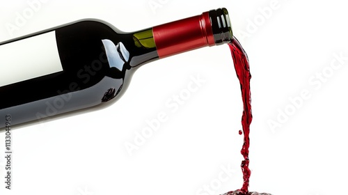 Bottle of red wine is being poured into a glass, with the wine flowing out of the bottle and into the glass. The wine is a deep red color and has a rich, full-bodied flavor