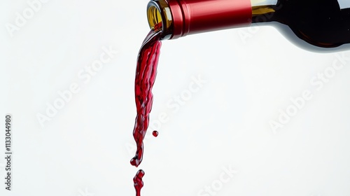 Bottle of red wine is poured into a glass, and the wine is flowing out of the bottle