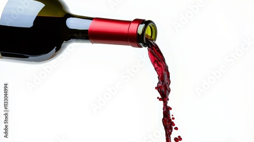 Bottle of red wine is poured into a glass, with the wine flowing out of the bottle and into the glass