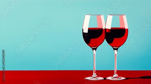 Two wine glasses are on a table with a blue background. The wine glasses are filled with red wine