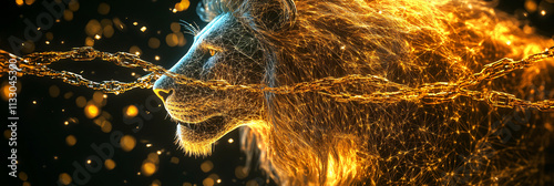 A digital food chain icon linked to a glowing lion, symbolizing online ecological research platforms studying trophic levels in ecosystems.   photo